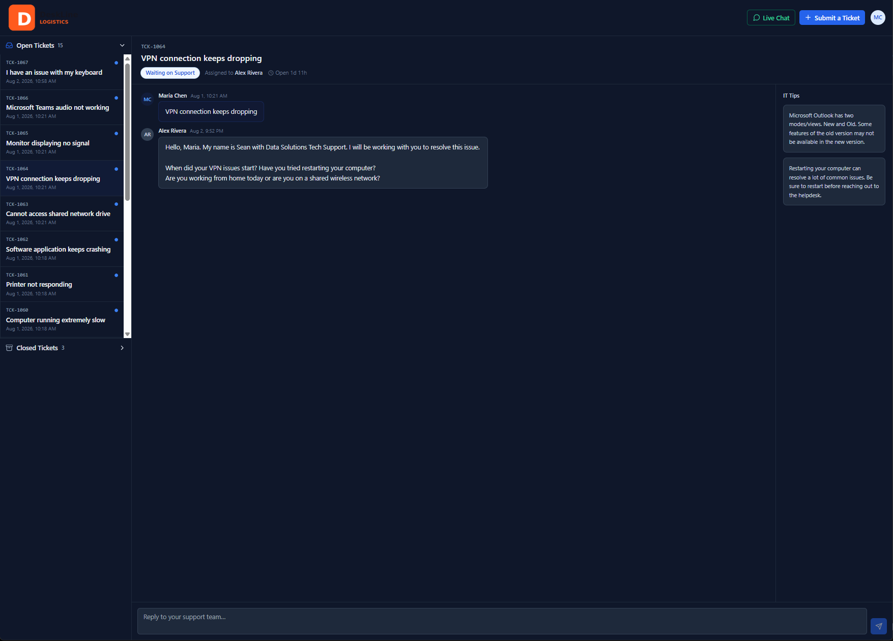 Korvna customer portal showing a list of open tickets and a ticket conversation