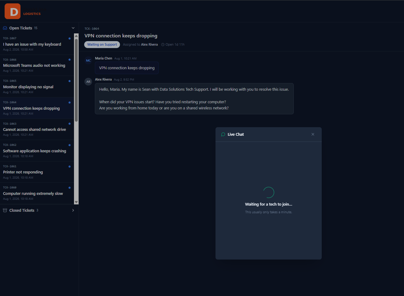 Korvna live chat feature, showing a customer waiting to connect with a tech
