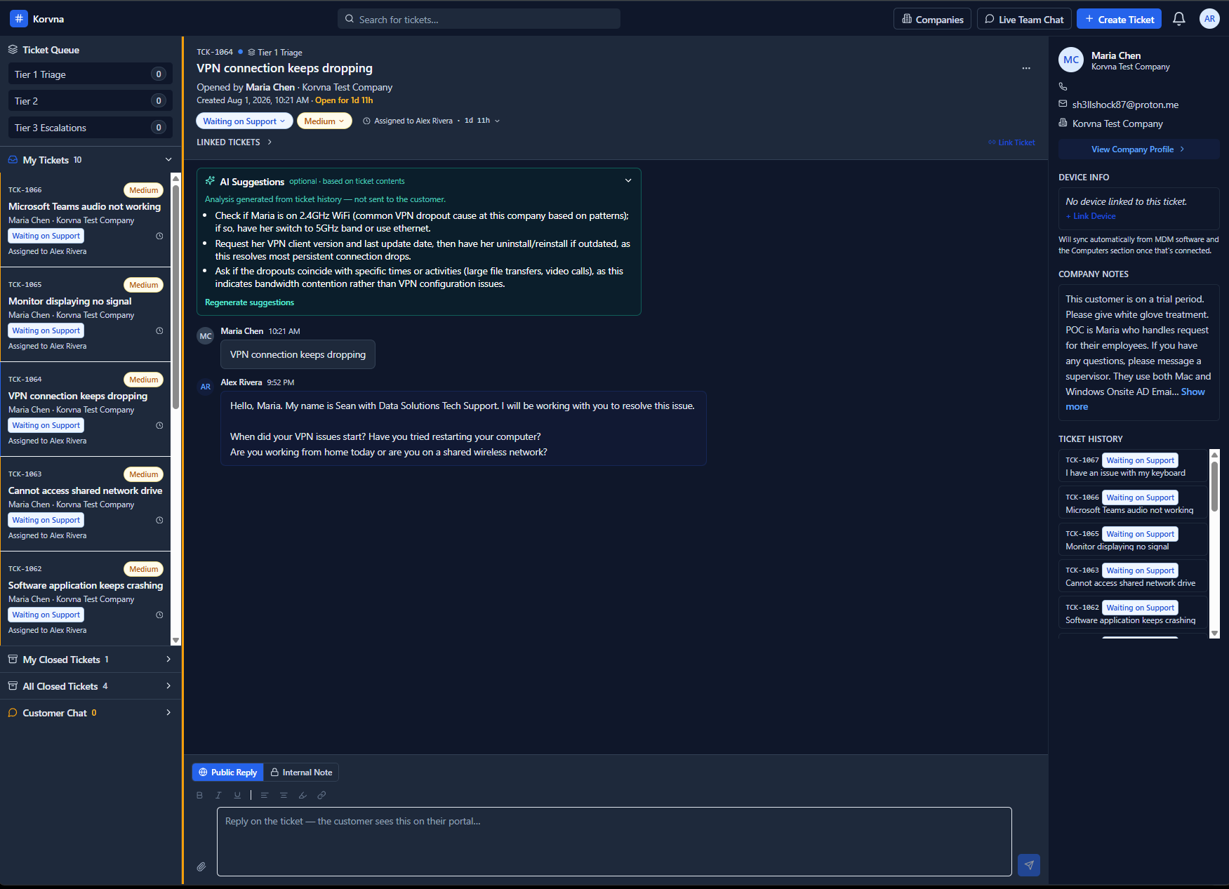 Korvna tech dashboard showing a ticket with AI Suggestions, company notes, and ticket history